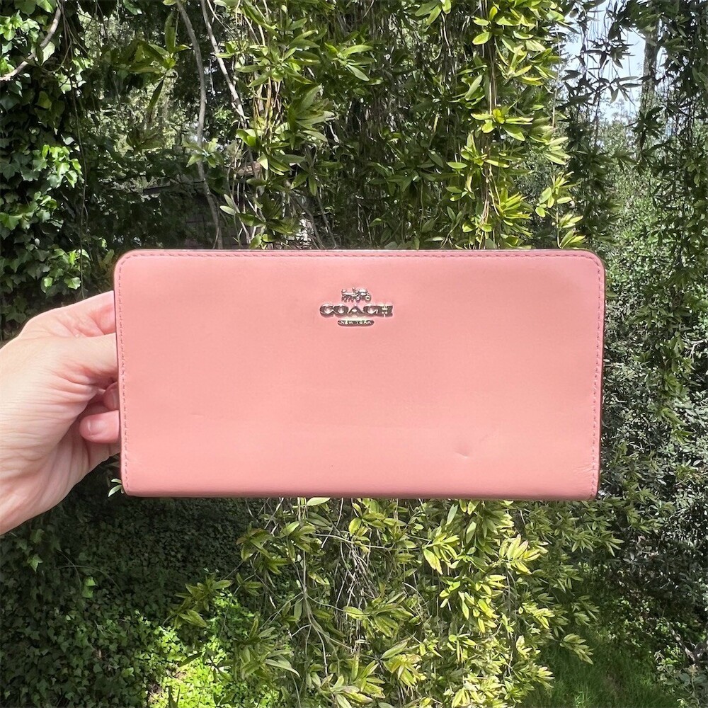 COACH Pink Leather Slim Wallet Clutch CC Holder Silver Hardware AUTHENTIC